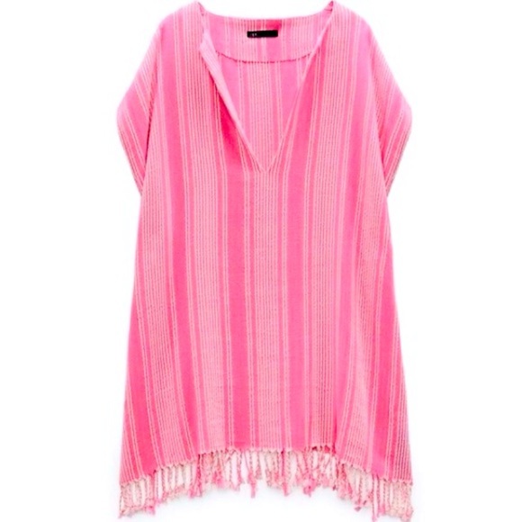 Zara Fringe Rustic Caftan Swim Cover Up pink & white stripes S/M NWT - Picture 2 of 12